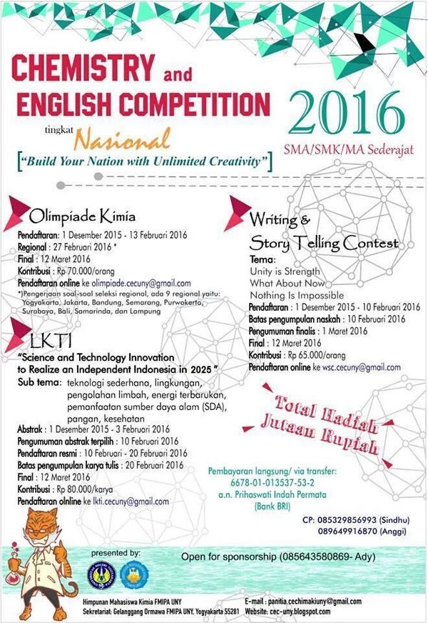 <a href="/OSIS_foursma/">OSIS SMAN 4 Denpasar</a> CEC menyapa. Bagi kamu anak anak kece, yuk daftar Chemistry and English Competition 2016 #cecuny2016