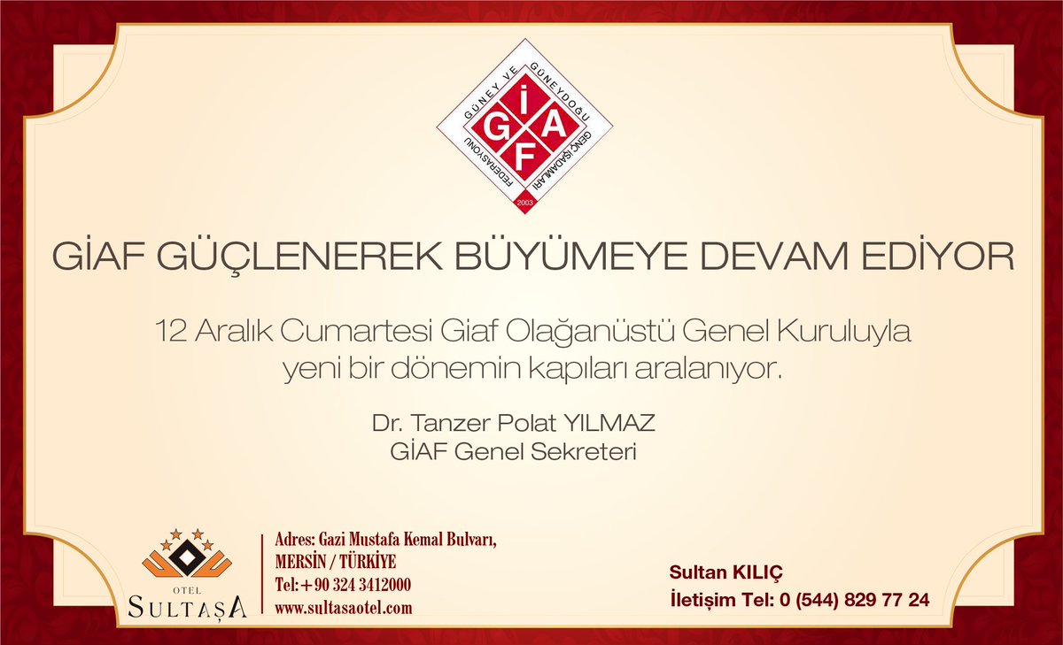 GUNEYDOGUGIAD's tweet photo. Giaf #Olağanüstü #Genel #Kurulu için 12 Aralık Cumartesi günü Sultaşa #Otel'de bir araya geliyoruz. https://t.co/RbA6iNermU