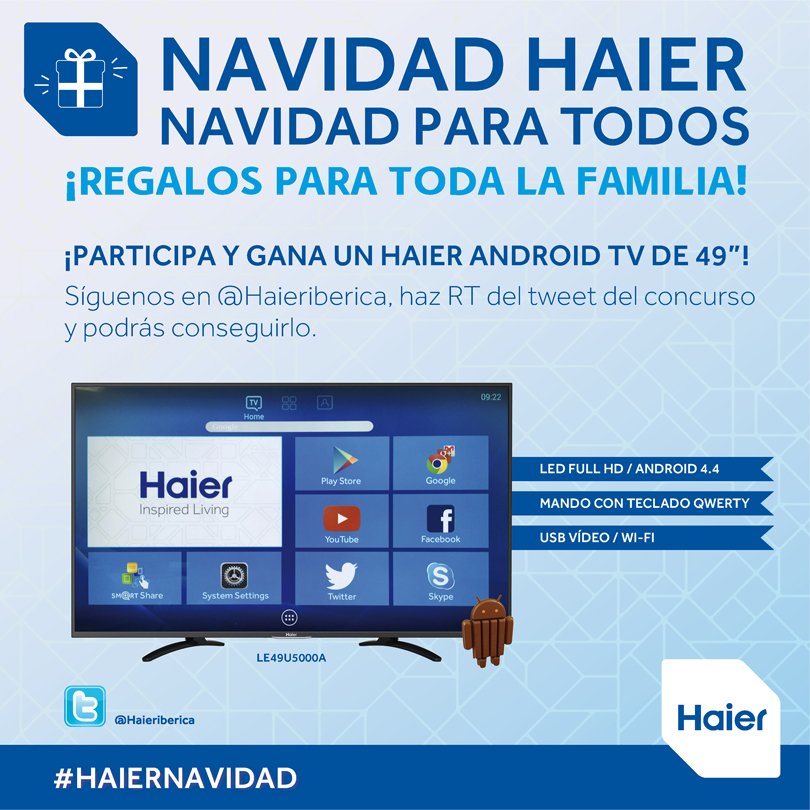 haier_aire's tweet photo. Sigue @Haieriberica, haz RT de este tweet y participa en el #sorteo de un Haier Android TV de 49" #HaierNavidad https://t.co/9meaBXBccQ