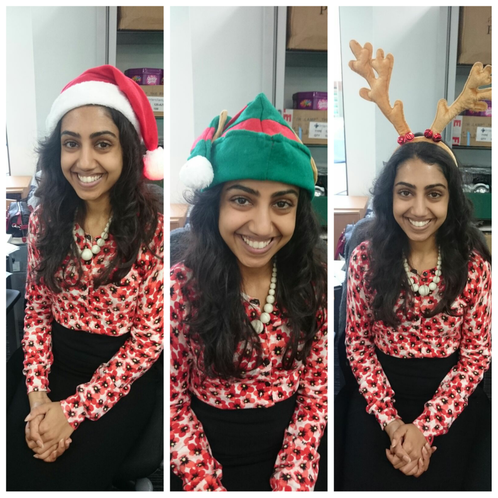 Assurant's tweet photo. UK employee Neelam Mistry is wearing a holiday hat every day in exchange for charity dollars. #creativegiving https://t.co/TyKucvrrNI