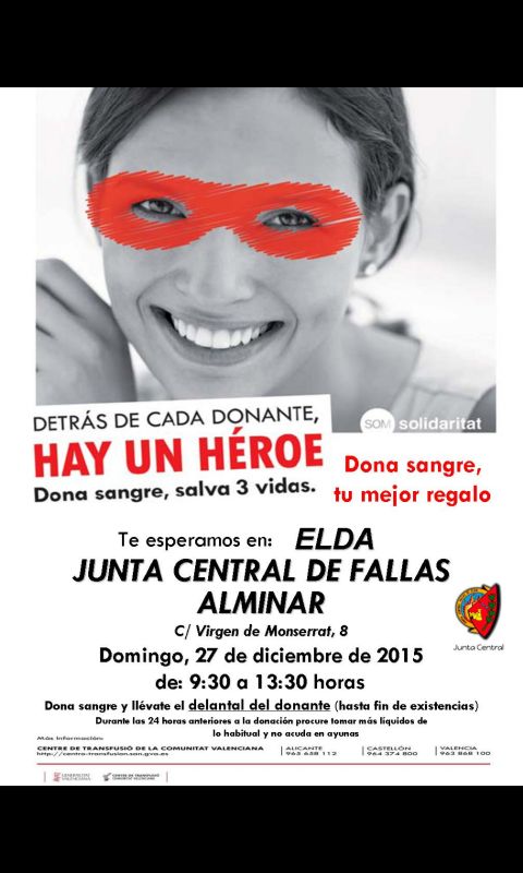 Domingo 27/12/15 donación de sangre en la Junta Central de Fallas de #Elda. Te esperamos  #donacion #sangre #héroes