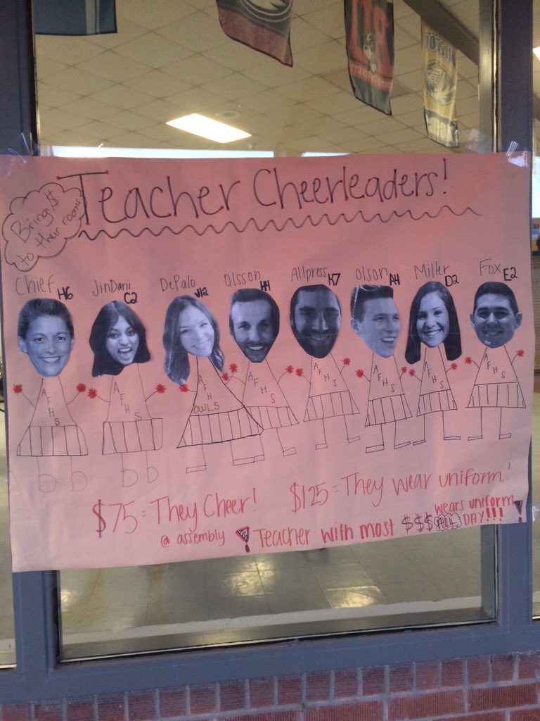 AFHSStuCo's tweet photo. You wanna see one of these teachers cheer at a pep rally? Go put change in their containers in their rooms😈🎀 https://t.co/rDGgmlZOvn