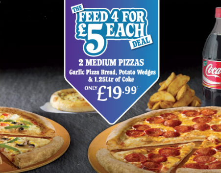DominosStamford's tweet photo. 2 Medium Pizzas, Garlic Pizza Bread, Potato Wedges, and a 1.25ltr bottle of Coke. For just £19.99 https://t.co/GzOz3azrn0