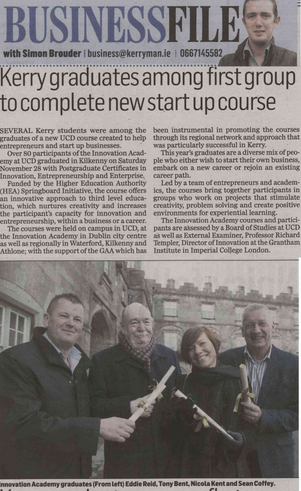 UCD_Innovators's tweet photo. Nice coverage of @UCD_Innovators @SpringboardHEA grads in @kerryman_ie. Next course:Jan 19 - https://t.co/u7WFIZii98 https://t.co/36JsTYY3ZF