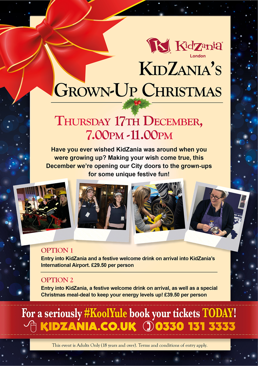 KidZaniaLondon's tweet photo. For a seriously #KoolYule book your tickets to KidZania's Grown Up Christmas today! https://t.co/0vGNZNDx4C https://t.co/Bf4WAc7ldV