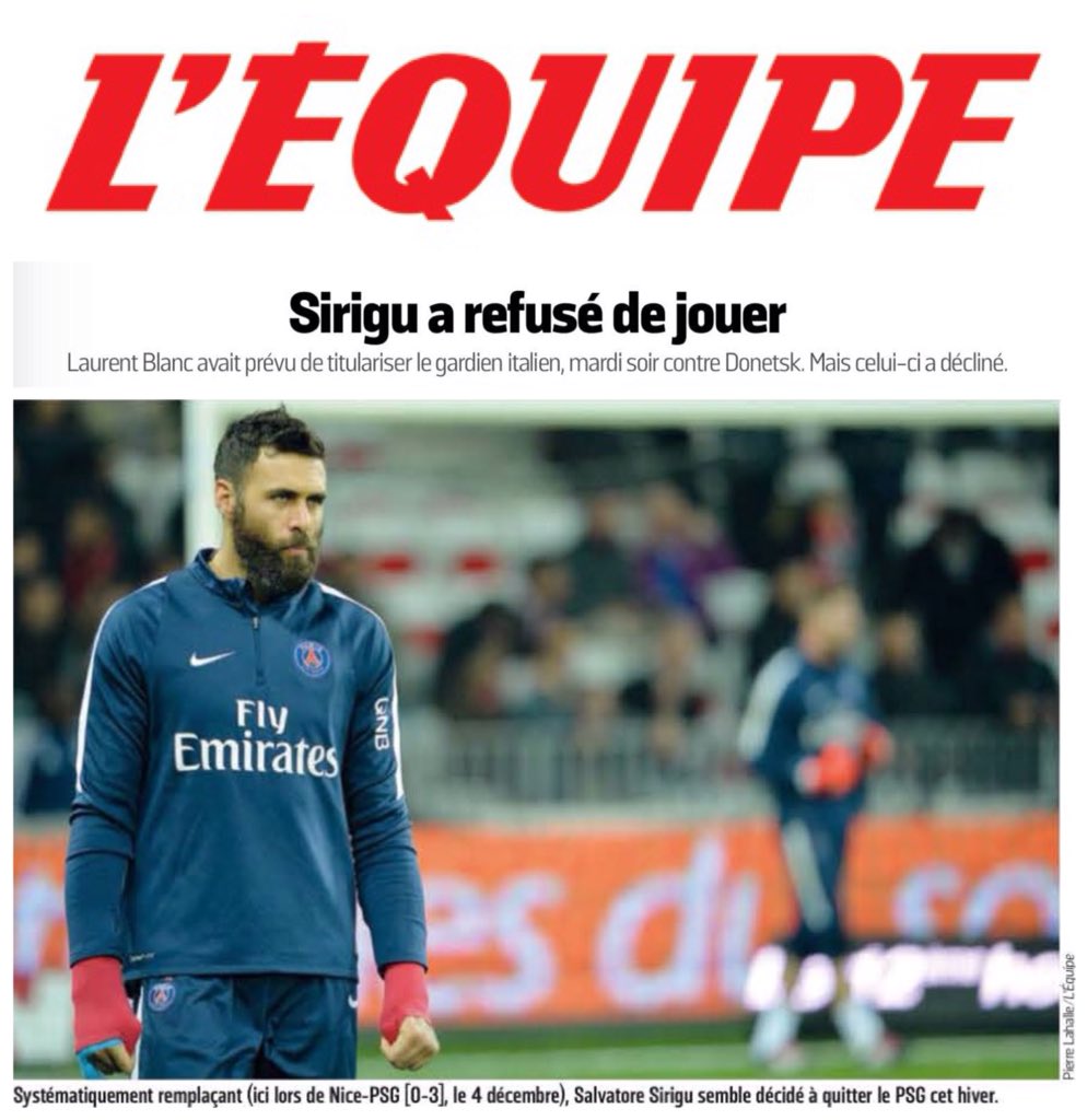 Parisians75's tweet photo. #LEQUIPE : Sirigu a refusé de jouer. #TEAMPSG #PSG #PSGSHA https://t.co/3SoFC18CLX
