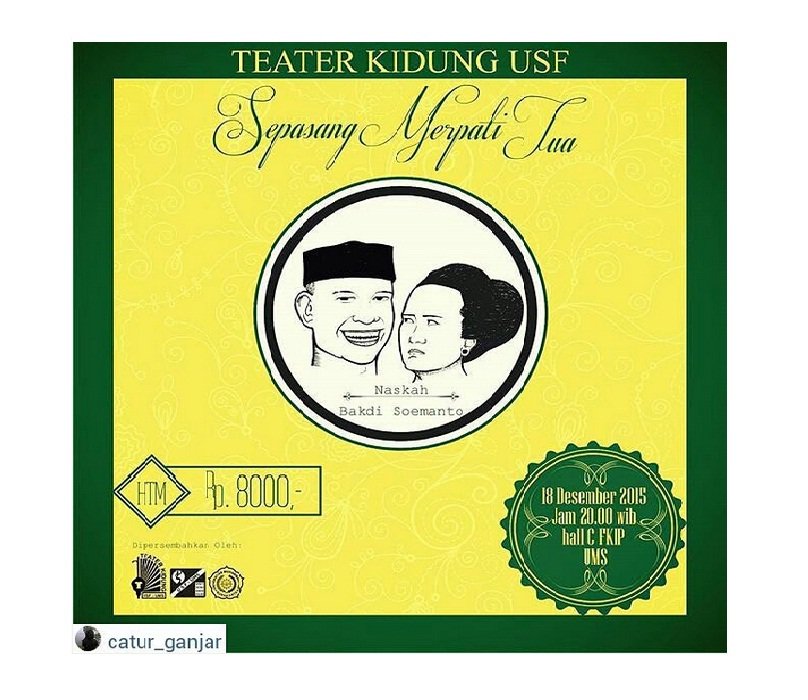 Pentas Teater Kidung USF "Sepasang Merpati Tua"
tgl 18 Des
jam 20.00
Hall C UMS
htm 8000
<a href="/TeaterNgiritUMS/">Teater Ngirit</a>