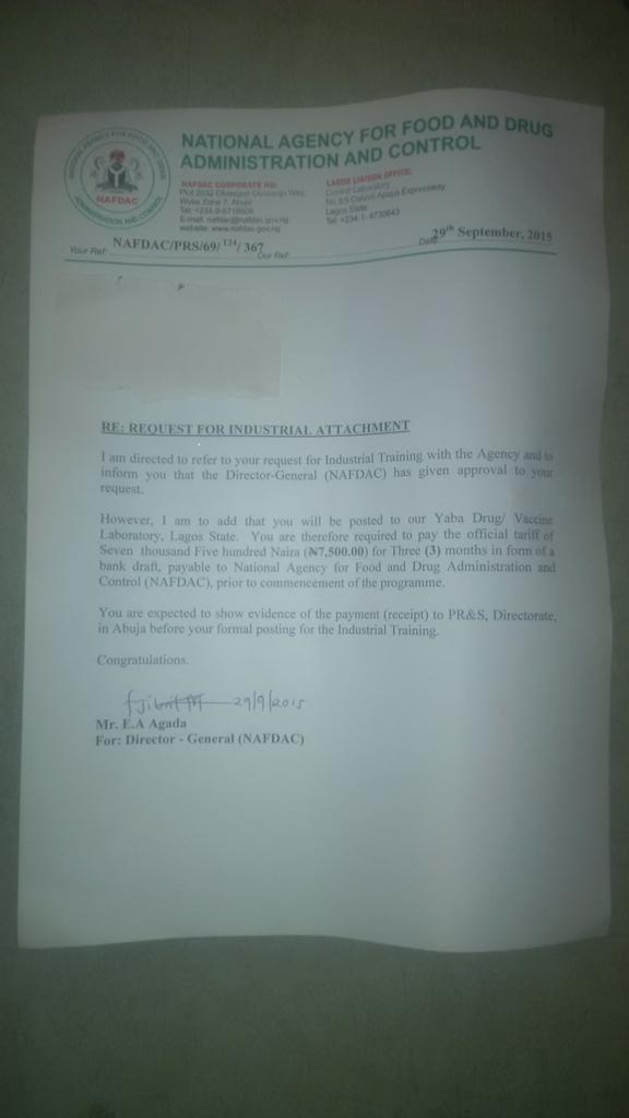 Bluemusk24's tweet photo. @ogundamisi the height of extortion in Nigeria. NAFDAC demanding for Industrial attachment fee. #saynotoextortion https://t.co/3Z6Oz5iJTt