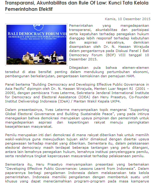 Kemlu_RI's tweet photo. Transparansi, Akuntabilitas dan Rule Of Law: Kunci Tata Kelola Pemerintahan Efektif https://t.co/fCKeUCsUyR #BDF2015 https://t.co/i6dNv7JRkm