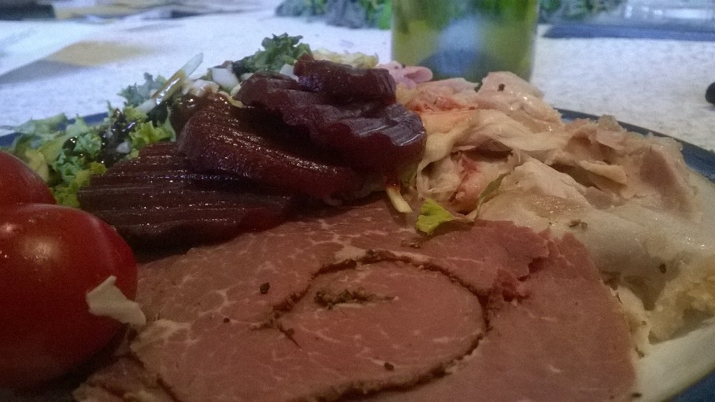 Finishing the fridge - Late lunch of Tombuie smoked chicken,pastrami and beetroot salad. Plum sauce a mistake though
