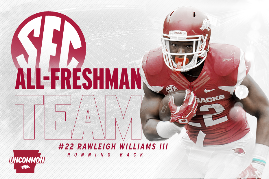 RazorbackFB's tweet photo. CONGRATS to @The3rdRawleigh and @DreGreenlaw on earning a spot on the SEC All-Freshman squad! #WoooPig https://t.co/N9vI8iABWr