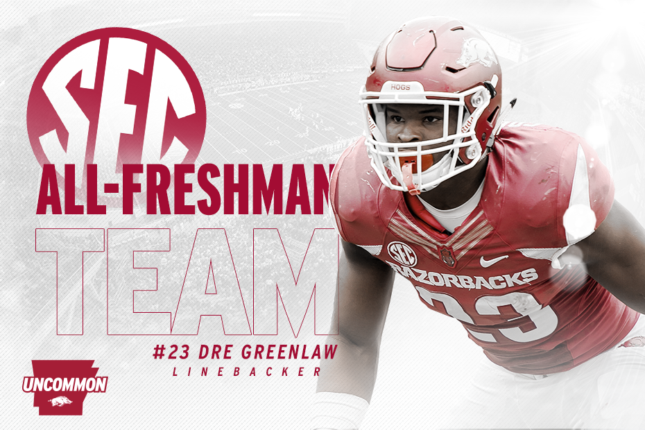RazorbackFB's tweet photo. CONGRATS to @The3rdRawleigh and @DreGreenlaw on earning a spot on the SEC All-Freshman squad! #WoooPig https://t.co/N9vI8iABWr