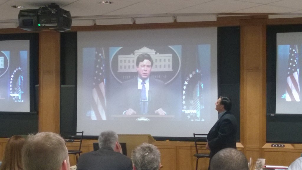 HarvardNPLI's tweet photo. #Ebola czar @RonaldKlain says it's tough when tenure starts with an @SNL skit. #NPLIXIV https://t.co/SB1Rf1gMZg