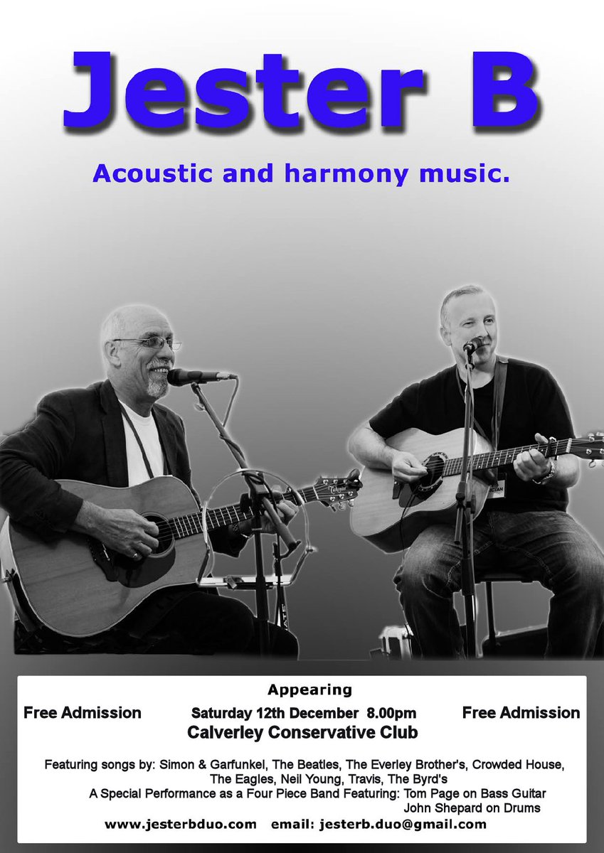Jester_B_Duo's tweet photo. Are performing as a Four Piece, With Tom Page on Bass and John Shepard on Drums Saturday 12 Dec 8pm,@calverleyconc. https://t.co/Vf9K8HXpHq