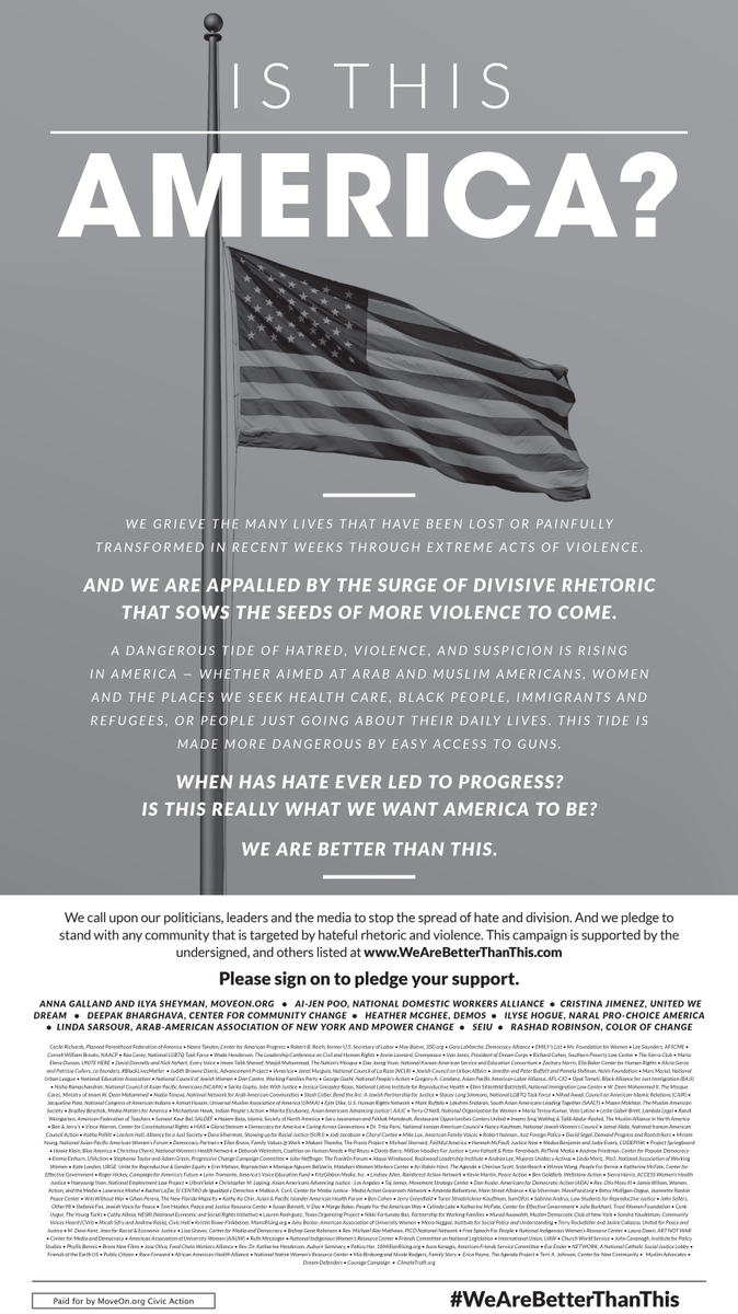 igorvolsky's tweet image. Whoa, huge ad on A13 of today's @nytimes calling on Americans to reject Trump's hate rhetoric, #WeAreBetterThanThis