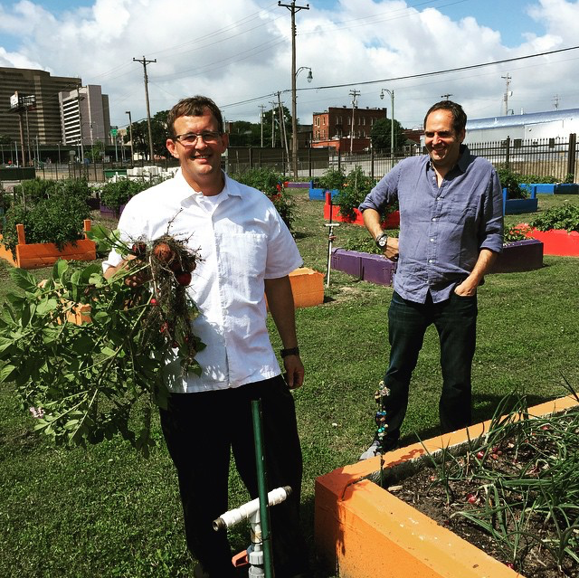 kimbal's tweet photo. #TBT Exploring @StJude's beautiful gardens with Chef @MilesMcMath and @HugoMatheson. https://t.co/wmsznLd8Qp https://t.co/1TB7JwvgcC
