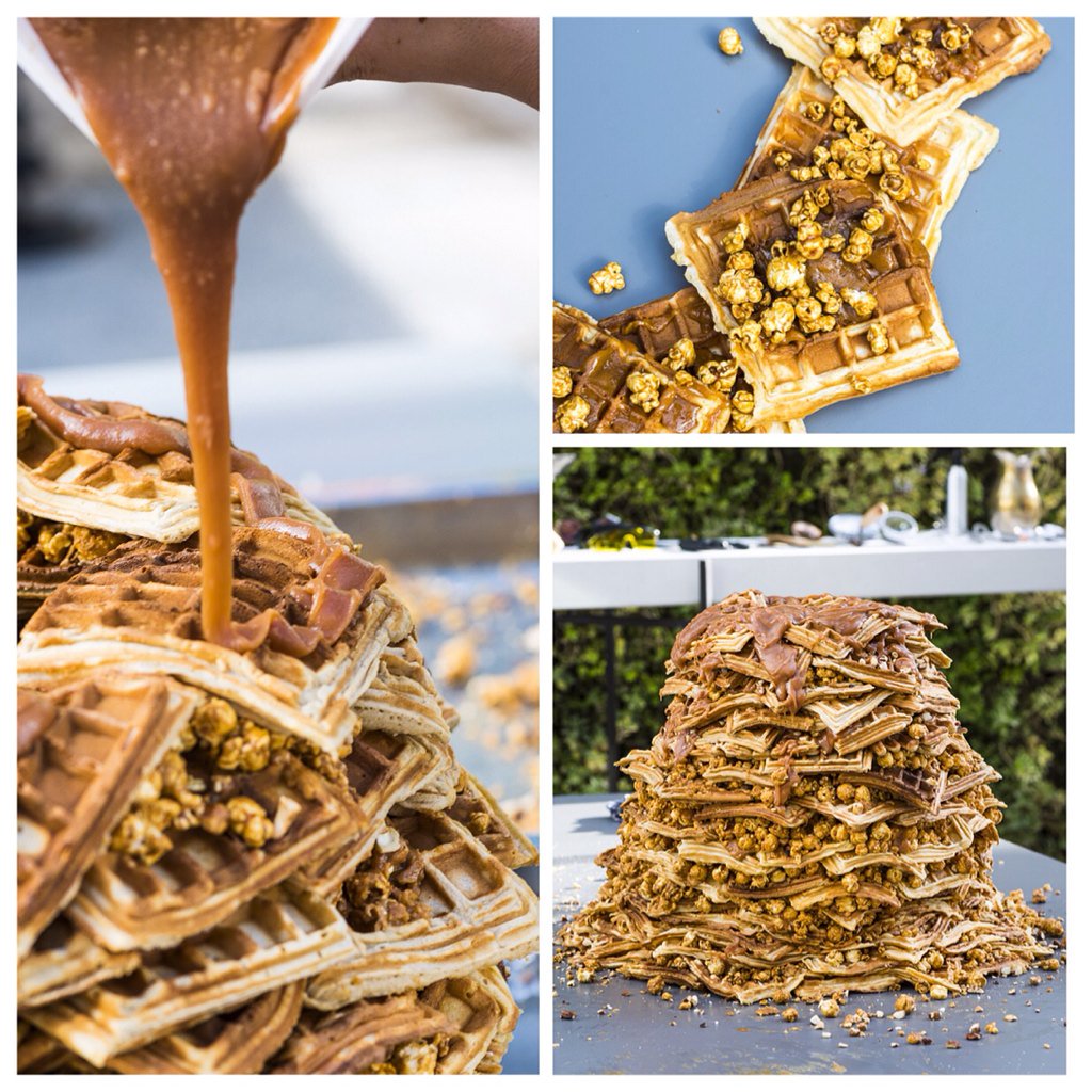 carofoodartist's tweet image. 'Against the Grain' - the 3rd live dessert installation. Waffle tower cut with a panga!