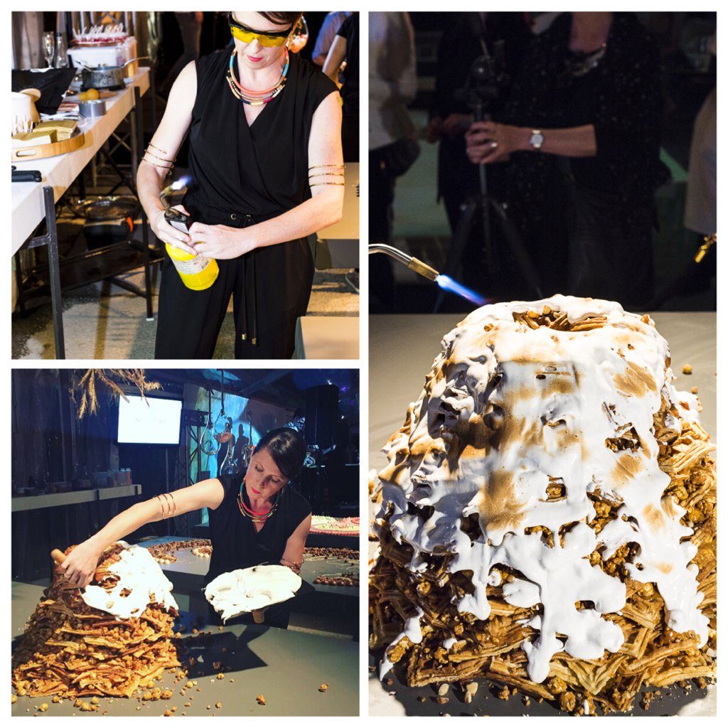 carofoodartist's tweet image. 'Against the Grain' - the 3rd live dessert installation. Waffle tower cut with a panga!