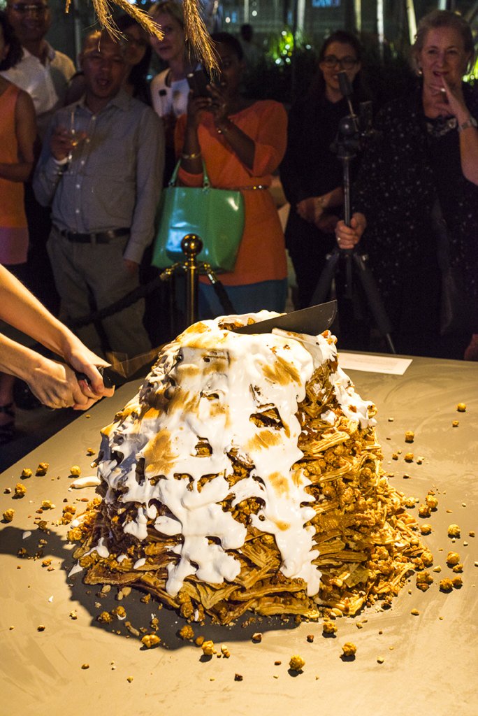carofoodartist's tweet image. 'Against the Grain' - the 3rd live dessert installation. Waffle tower cut with a panga!