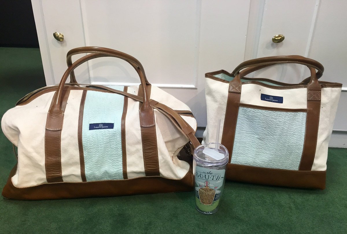 Geraniums_WV's tweet photo. A great gift idea for a college student or frequent traveler! Lauren James weekender bag and tote in seersucker. https://t.co/9M22ZALDoj