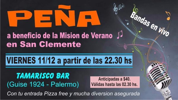 MisionSanCle's tweet photo. Mañana viernes 11/12 Peña en @Tamarisco_bar a beneficio del Grupo Misionero San Juan Bautista. Anticipadas a $40. https://t.co/BlkcdV4vTH