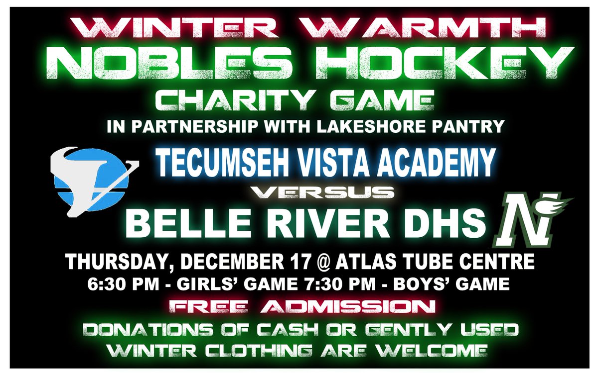 Get ready for the face off against TVA in the Winter Warmth Nobles Hockey Charity Game. #noblesports <a href="/TVAsecondary/">Tecumseh Vista Secon</a>
