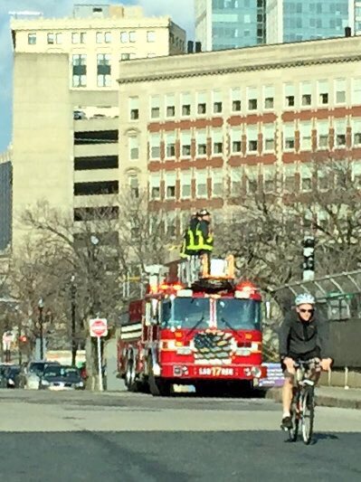 ricksouthend's tweet image. Boston why are the firemen standing on their trucks!?