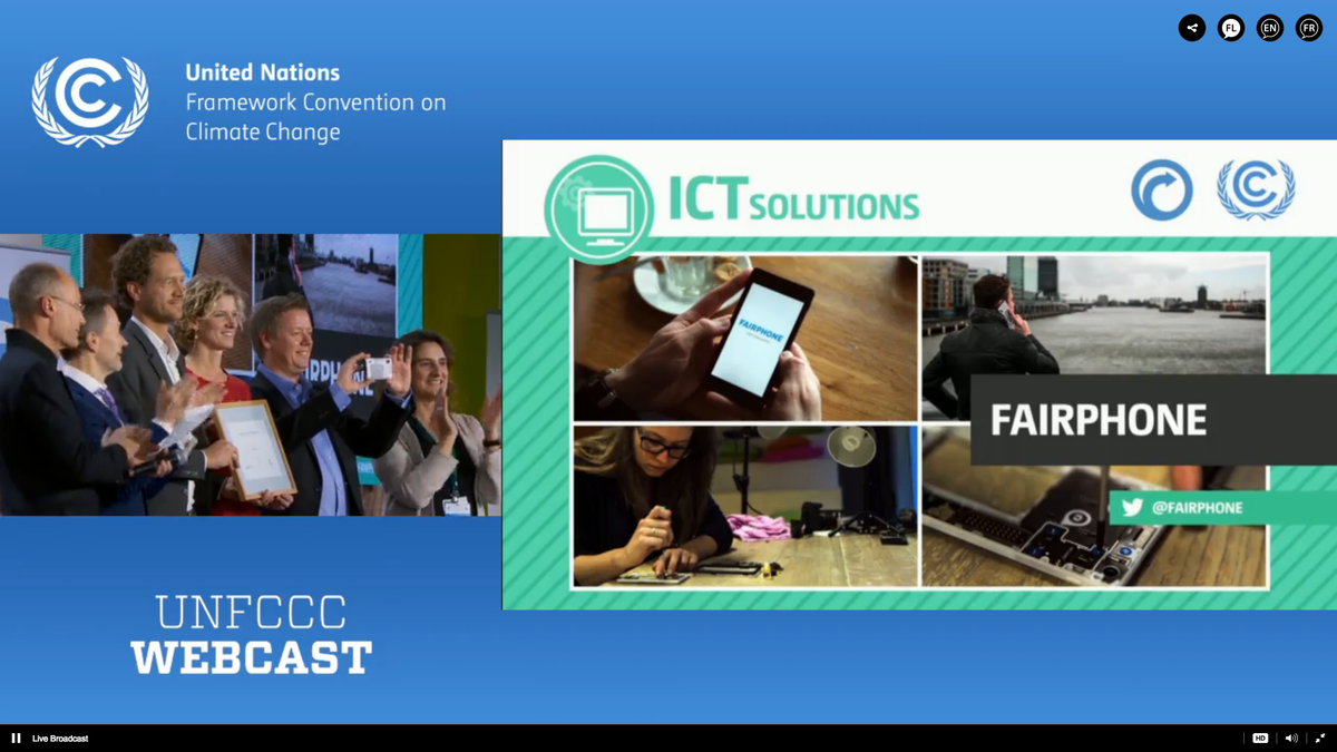 Fairphone's tweet photo. Fairphone awarded the UN Momentum for Change Award! Incredible honour! #WeAreFairphone #m4c #COP21 https://t.co/Bc1guwhk69