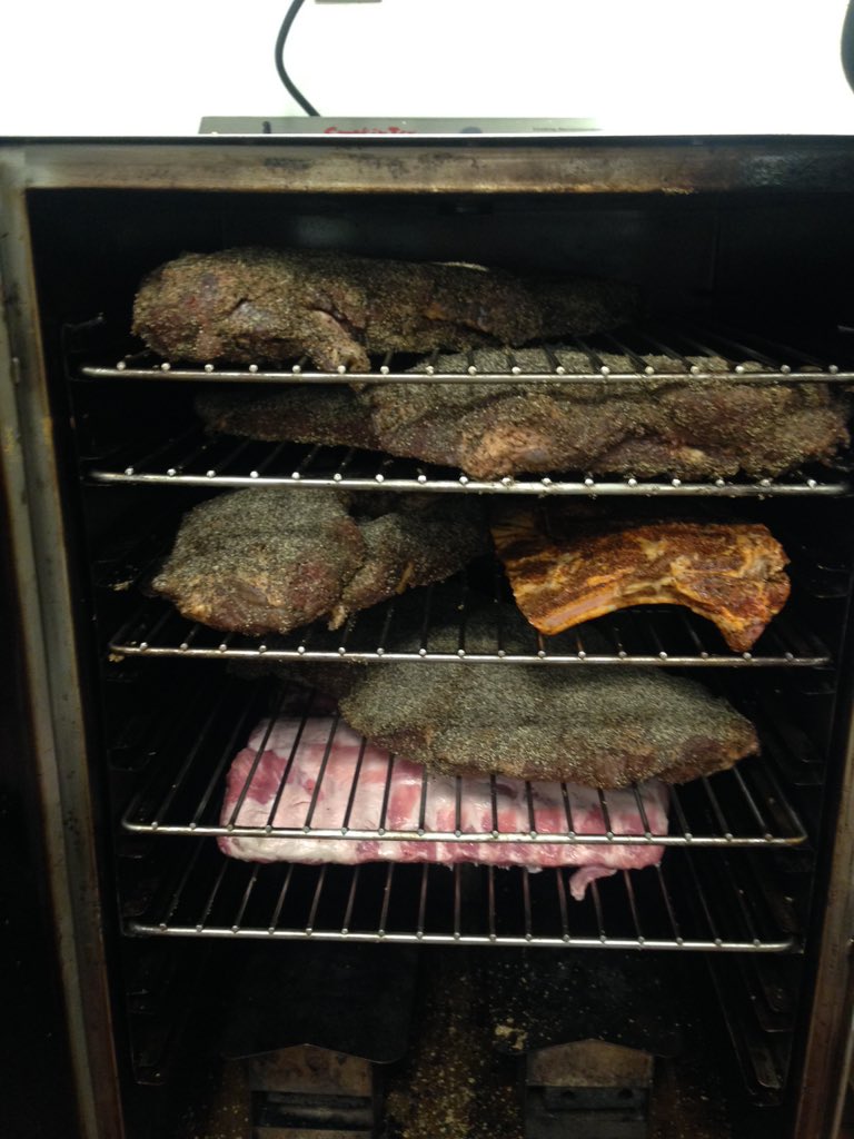 Smoking 7 day cured pastrami, spicy rub beer soaked beef ribs, and bone in pork loin. Just another day at the office