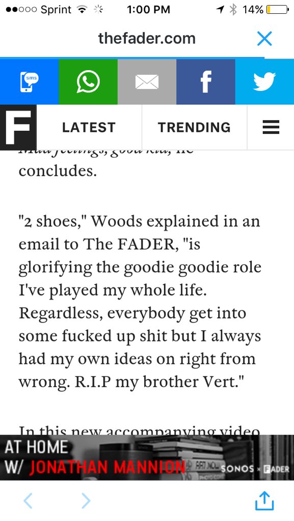 SHOUTOUT TO <a href="/THEFADER/">The FADER</a> FOR PREMIERING THE 2SHOES VIDEO AND LETTING BRO SHOW LOVE TO VERT. WOODSIDEORNOSIDE!!!!!!!!