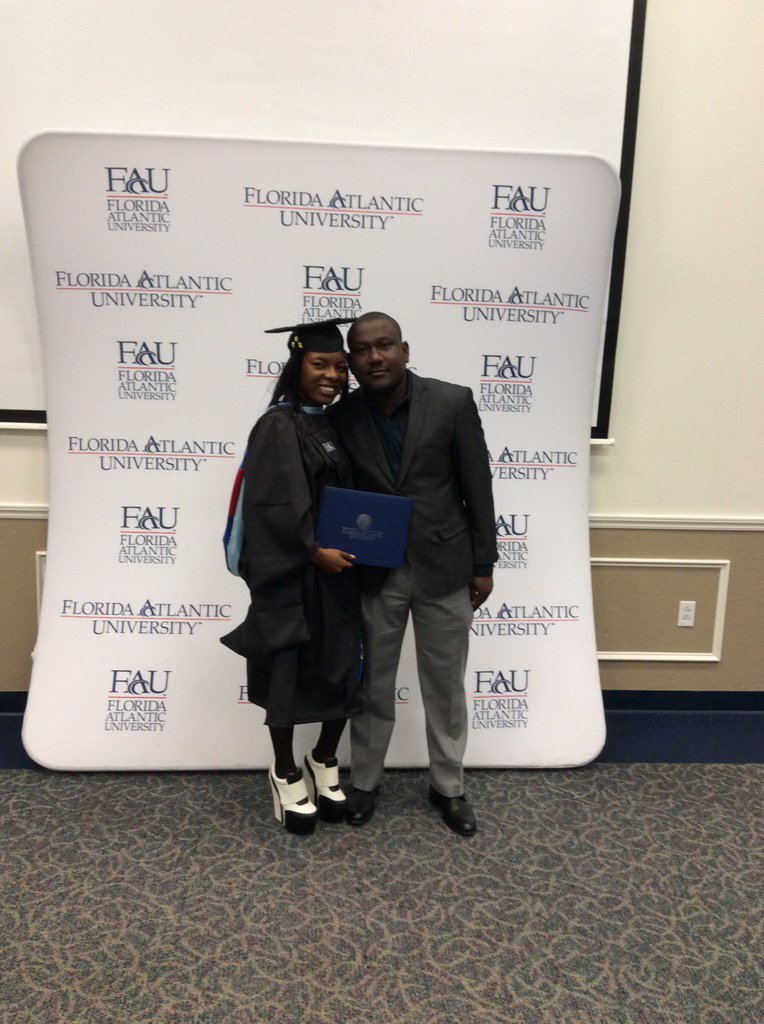 FAUGradCollege's tweet photo. Wondy Joseph celebrates earning her Master's in curriculum and instruction with her fiancée 🎉🎓 #FAU15 https://t.co/eSUvbxLvrr