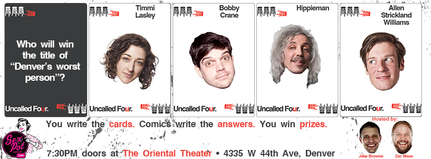 Tonight! #SexpotComedy presents <a href="/ItsUncalledFour/">Uncalled Four</a>'s release party for The Worst Card Game. bit.ly/CardParty