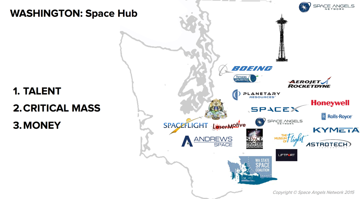 Washington is a #space hub. Why? Talent, critical mass, money. <a href="/SpaceAngels/">Space Angels</a> #spacenews #Seattle