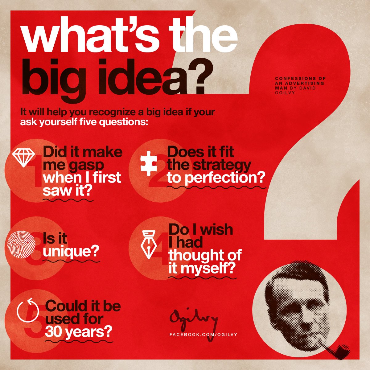 Ogilvy's tweet photo. Ask yourself these 5 questions when creating a "big idea" from David Ogilvy #tbt https://t.co/1SJTh59X70