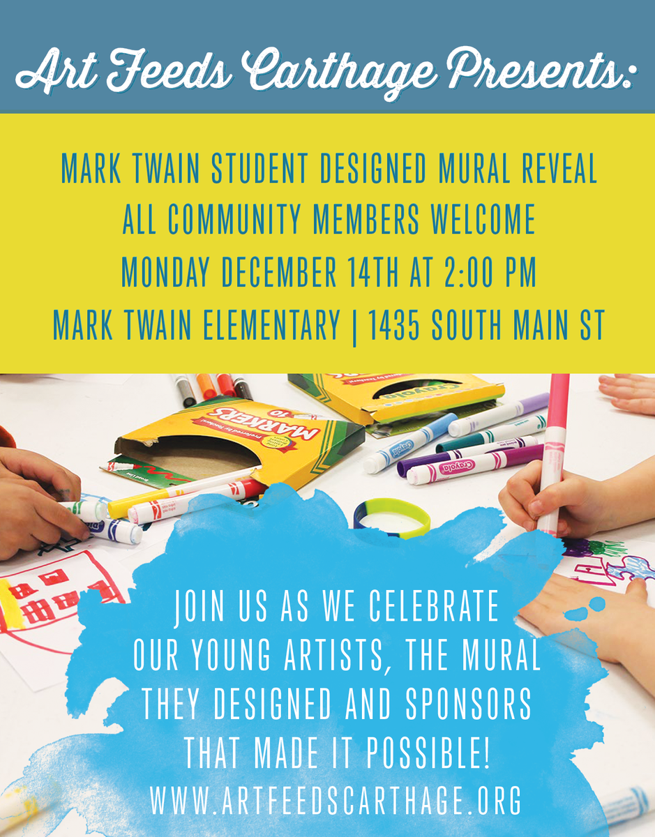 AFCarthage's tweet photo. Pumped for the Mural Reveal at Mark Twain on 12/14/15 at 2:00 pm. Join us! #carthager9  #artfeedscarthage #mural https://t.co/AprKxH1pNC