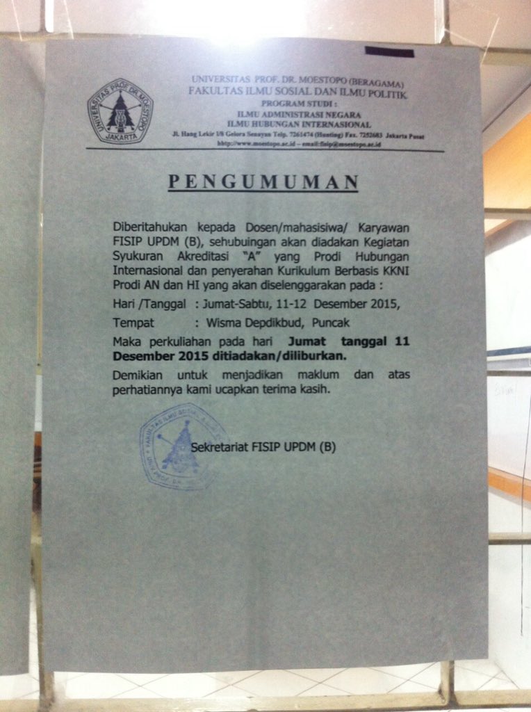 Pengumuman bahwa hari ini gak ada kelas! Alhamdulillah prodi AN dan HI kita terakreditasi A 😇😇