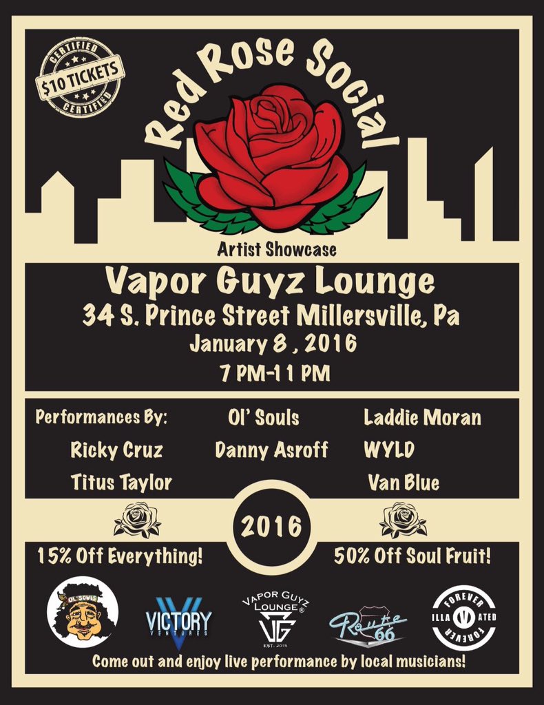 BackRdRecords's tweet photo. IF YOU'RE GONNA BE IN THE LANCASTER AREA JANUARY 8TH COME TO #TheRedRoseSocial @ @VaporGuyzLounge &amp; VIBE 🌹 https://t.co/5fcYmbQfro