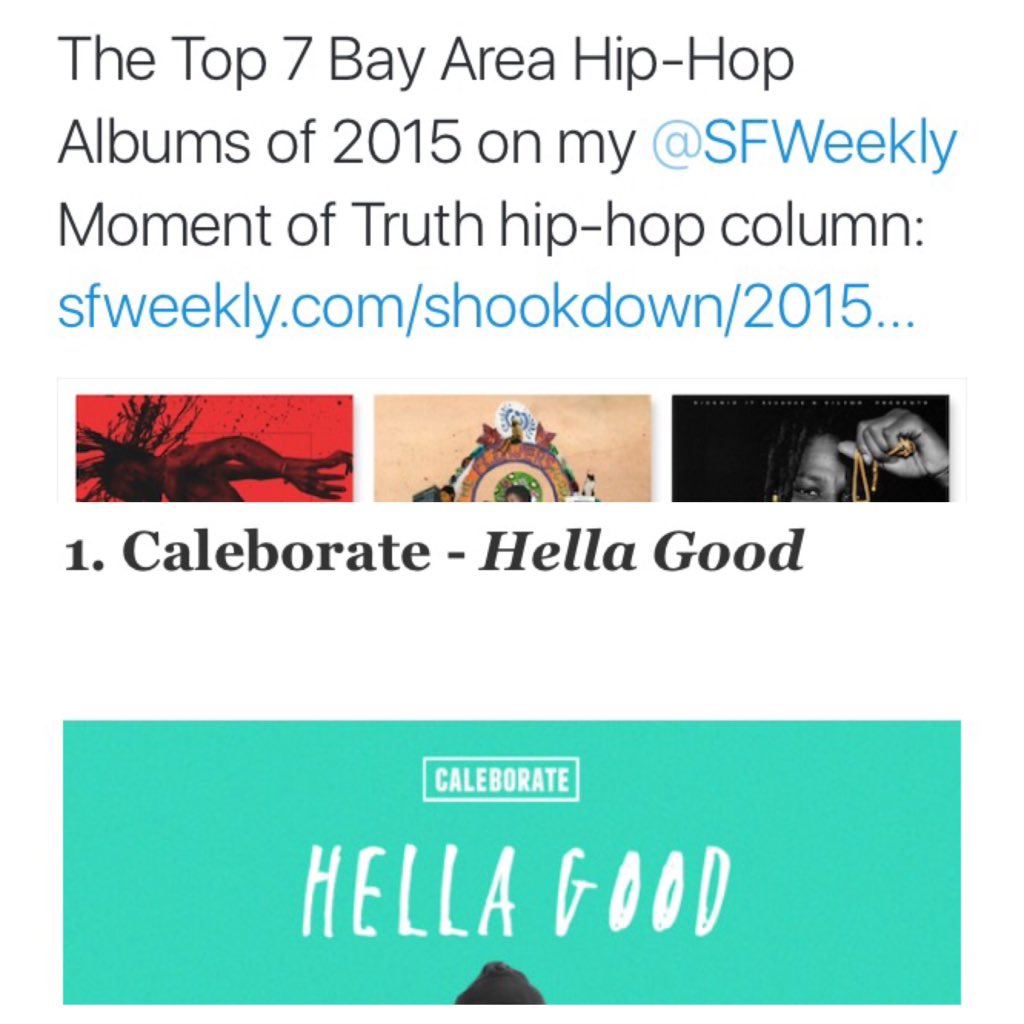 CALEBORATE's tweet photo. #1 Bay Area album of the year.....Man this is unreal. I'm so blessed, thank you https://t.co/ArntxH7IML