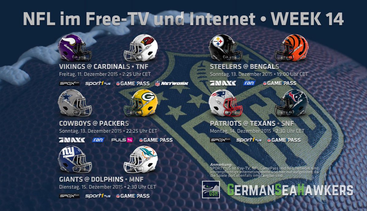 SeaHawkersGER's tweet photo. Die #NFL im deutschen Free-TV und Internet - Week 14 #GermanSeaHawkers #GSH #NFLger #ranNFL #maxxNFL #SPOX #Sport1US https://t.co/o8ktOu8oSk