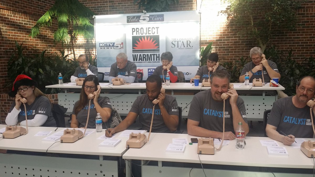 MegAmHu's tweet photo. @DSTCatalyst telethoning for #ProjectWarmth. Every pledge counts! #RedKettleReason #KCTV5 https://t.co/ZCN72BlASM