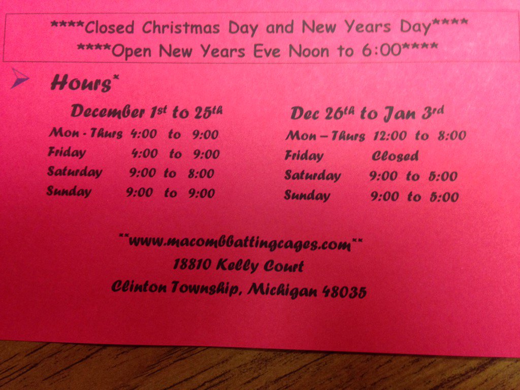 MBC Muckdogs BSB (@mbcmuckdogbsb) on Twitter photo Our holiday hours at Macomb Batting Cages call 586-846-4372 to make a reservation Our holiday hours at Macomb Batting Cages call 586-846-4372 to make a reservation