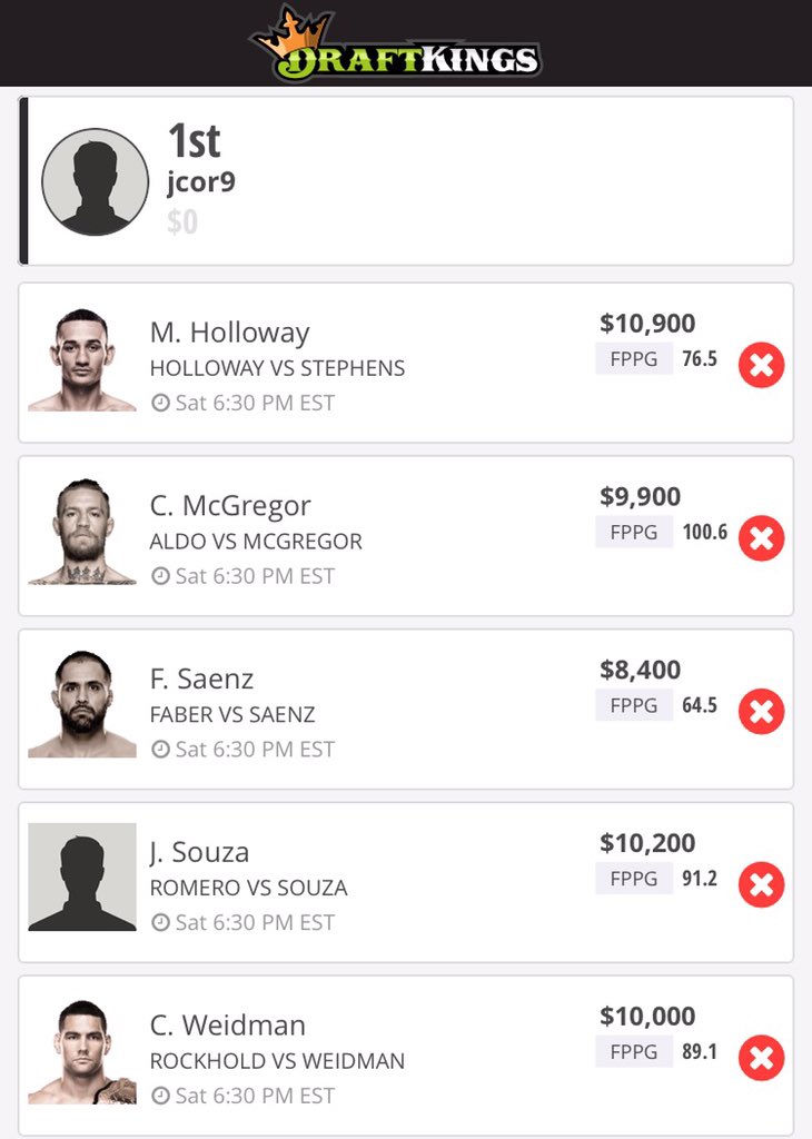 DFS__Fire's tweet photo. @DFS__Fire: UFC 194 Lineup for @DraftKings !! Fav if your using! #UFC194 #UFCFightNight #DFSUFC #DFSUFCFREE #DFSFREE https://t.co/PBqb74WMD0