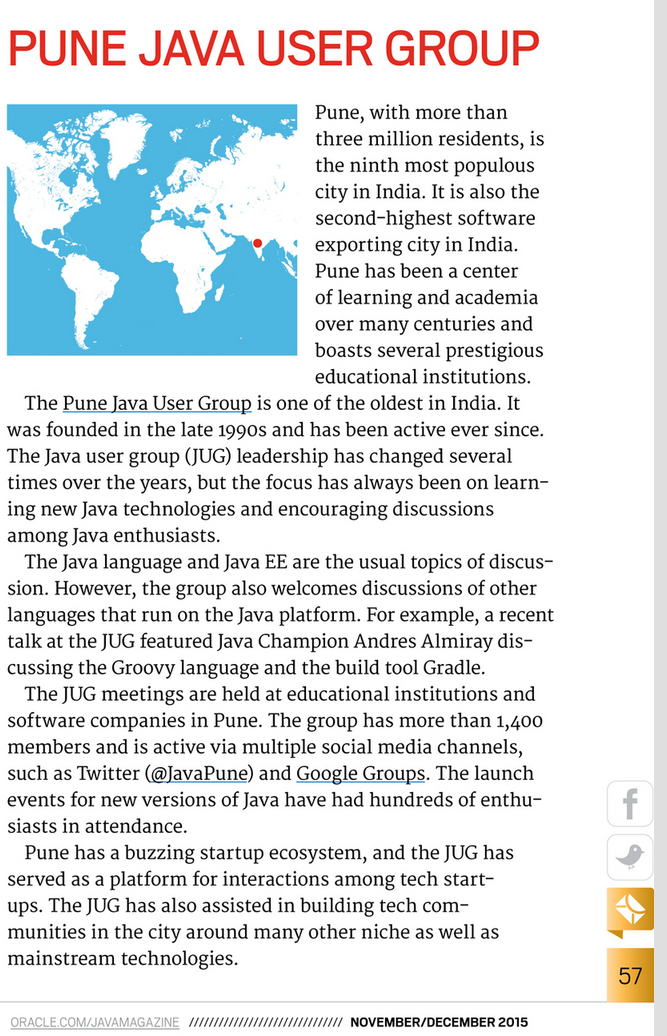 JavaPune's tweet photo. .@JavaPune featured in the current issue of Java Magazine @oraclejavamag ! https://t.co/S282aVTvd6 https://t.co/EVH10Pj1Cn