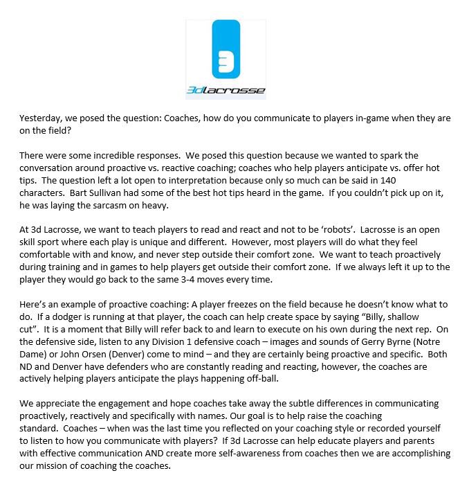 3dLacrosse's tweet photo. Proactive vs. reactive coaching: read on for a response to yesterday's poll #the3ddifference #BeProactive https://t.co/MRrvnMgkR9