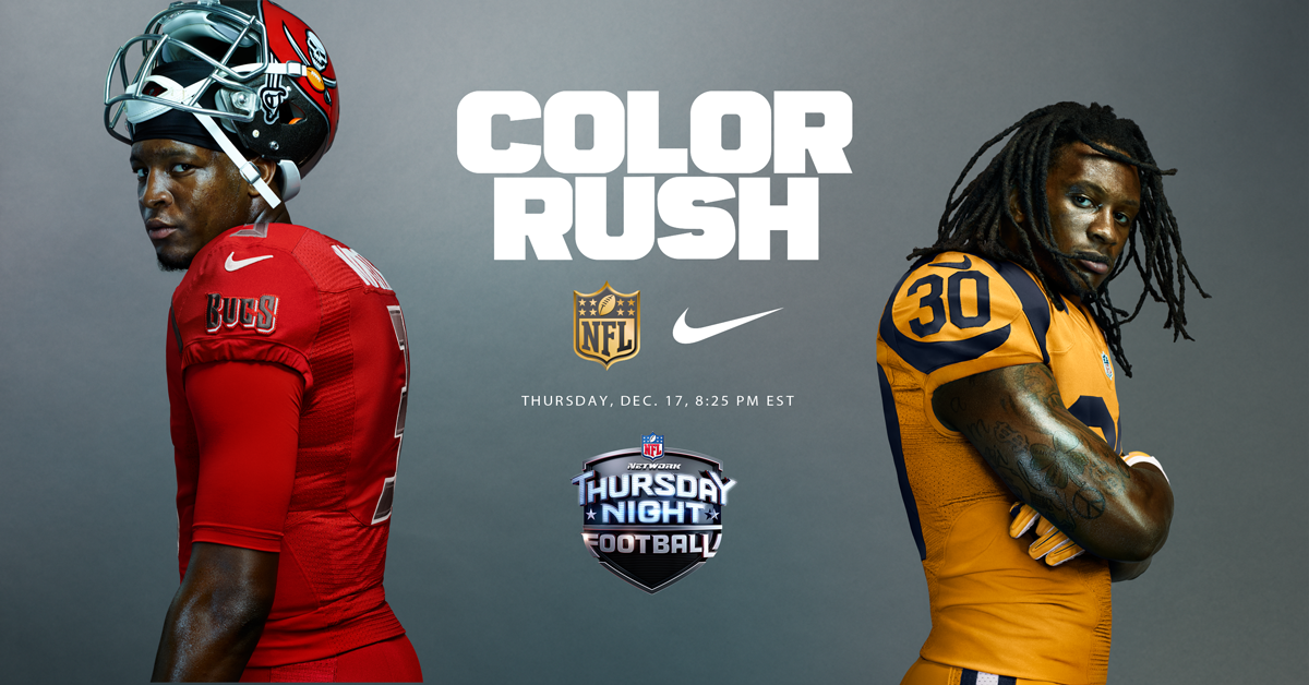 usnikefootball's tweet photo. Built for the rush. The @TBBuccaneers and @STLouisRams Nike NFL Color Rush Collections. https://t.co/9U8c9cu6He #TNF https://t.co/60Rhs5bbYd
