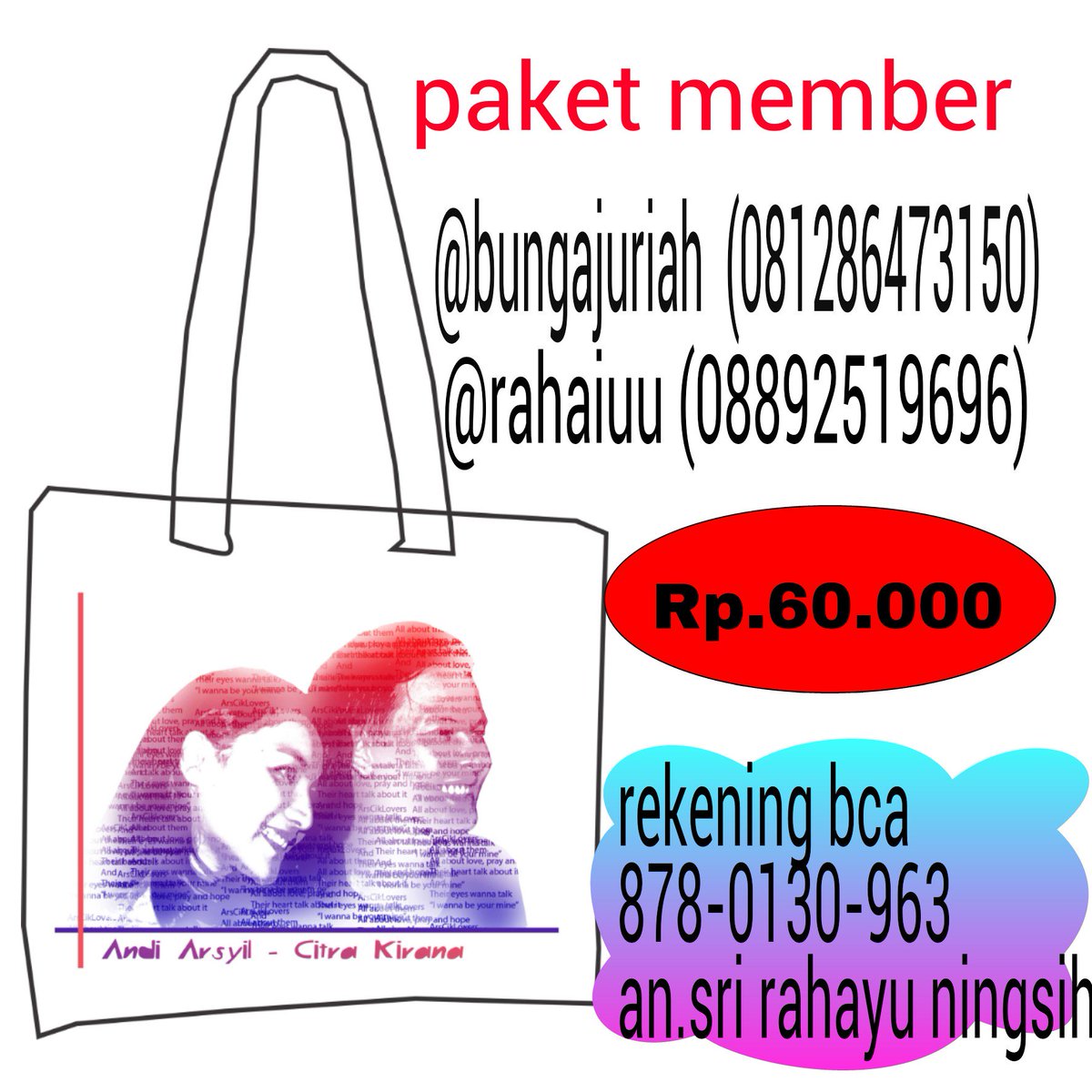 tweet_acl's tweet photo. Dan yg uda member,kalo pengen merchandise terbaru acl yaitu tas rp.60.000 termasuk ongkos,cp. @bungajuriah @rahaiuu https://t.co/N422ohot7p