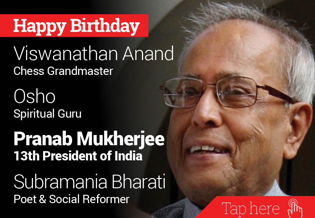 Happy Birthday Viswanathan Anand, Osho, Pranab Mukherjee, Subramania Bharati 