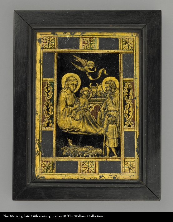 WallaceMuseum's tweet photo. Etched from gold leaf on glass, here's a #C14th nativity scene feat. a soaring angel #AngelTrail @NationalGallery https://t.co/6RNqlVMdCK