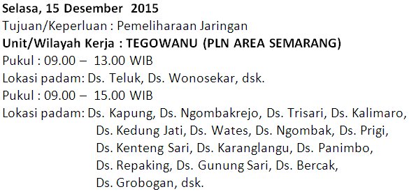 plnuidjateng's tweet photo. #infoPLN RNCN #Pemeliharaan #Listrik|Selasa, 15Des15 #TEGOWANU @ganjarpranowo @JatengTwit @GROBOGAN_ku @SeputarPWDD https://t.co/BgZglqk1tG