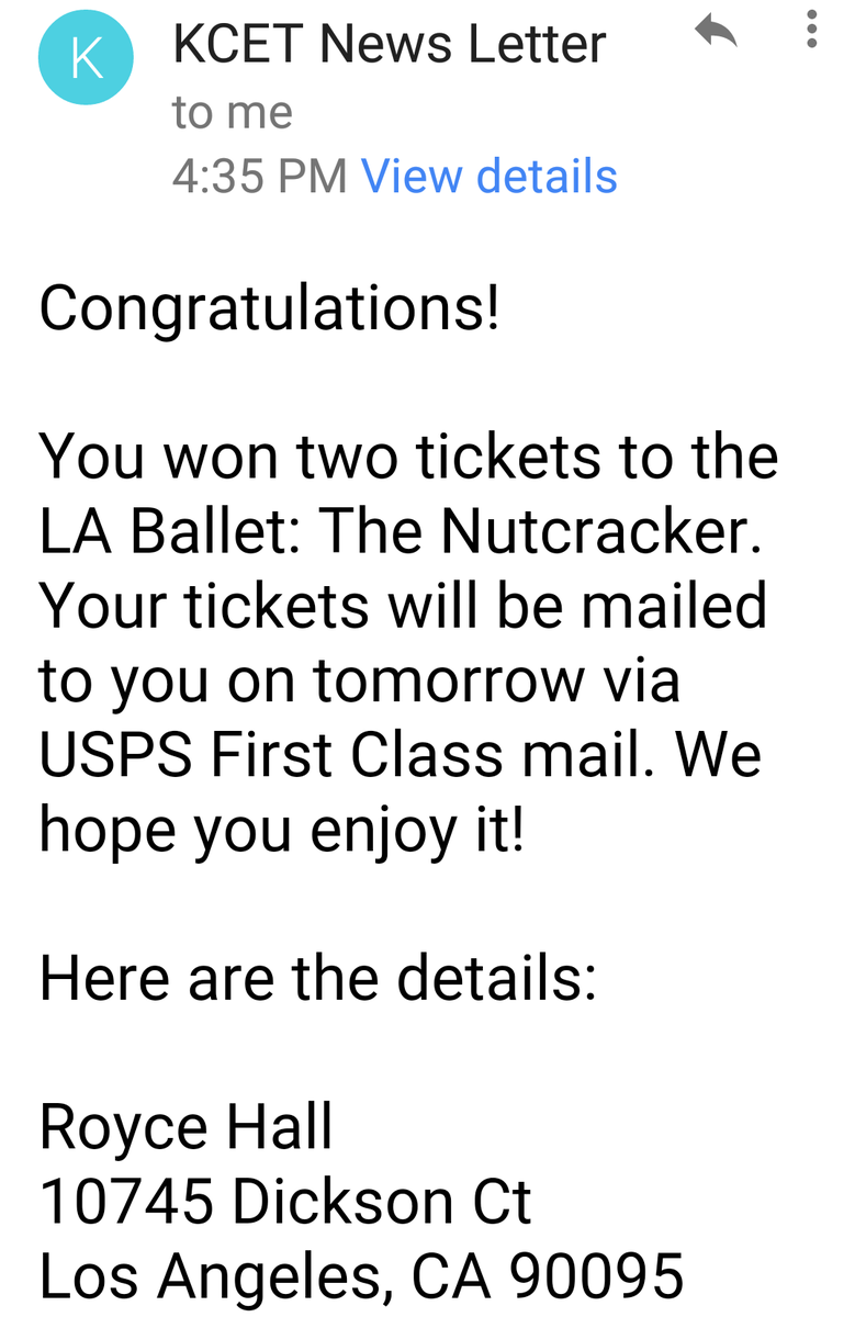 saunieindiego's tweet photo. Thank you @kcet, for tickets to see @L_A_Ballet perform The Nutcracker at @ucla_roycehall!
#Ballet
#IWinStuff https://t.co/vBWh9Ihiaj